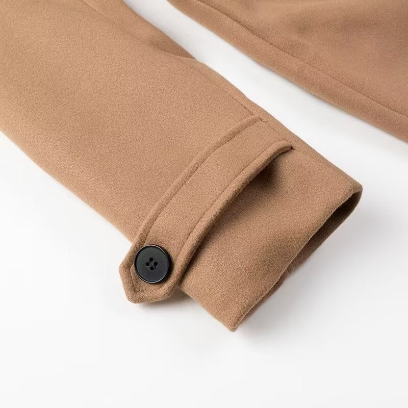Women's Double-Breasted Maxi Length Trench Coat with Tie Belt and Cape Overlay Chichicherry