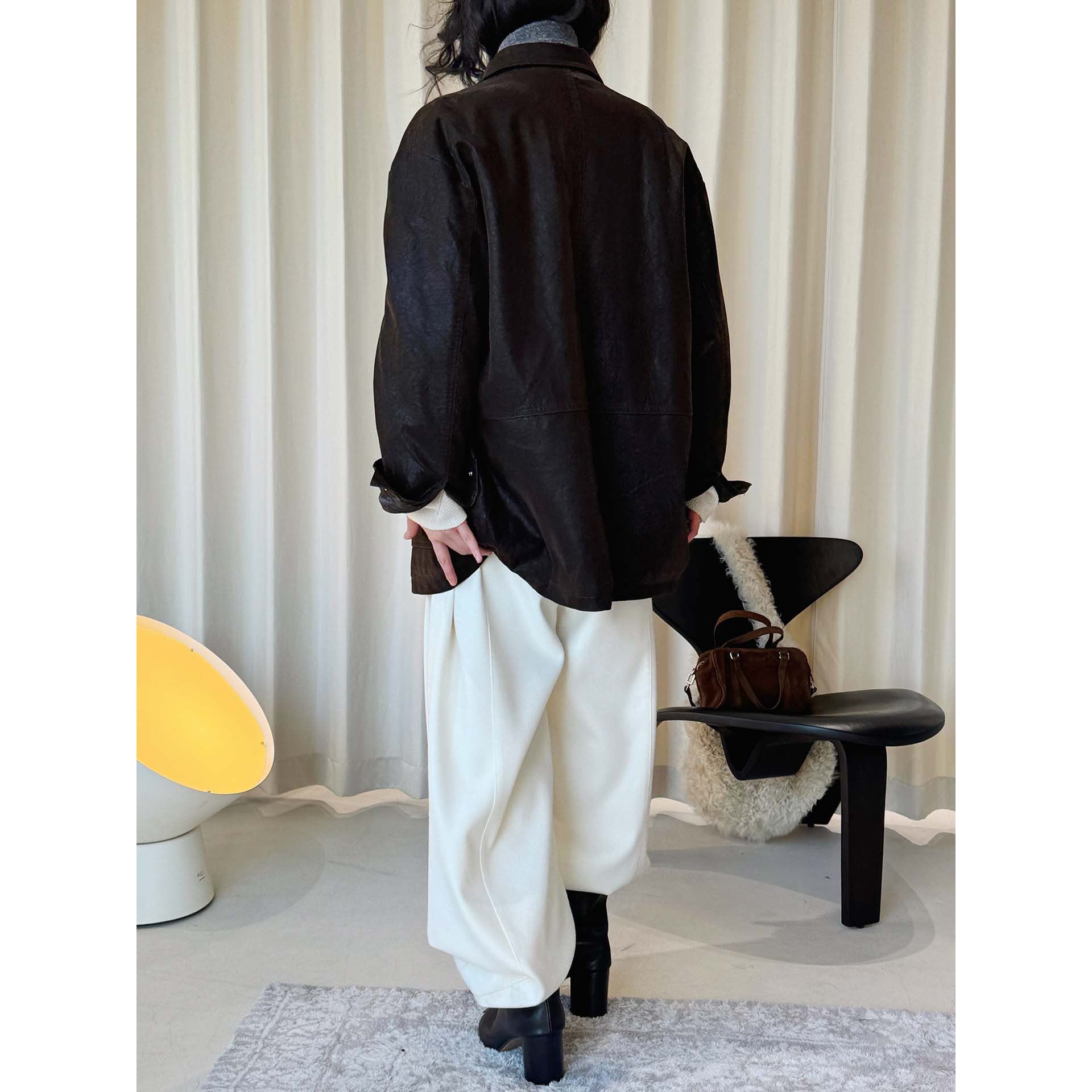 Women Oversized Leather Look Bomber Jacket with Teddy Lining and Metal Zipper Chichicherry