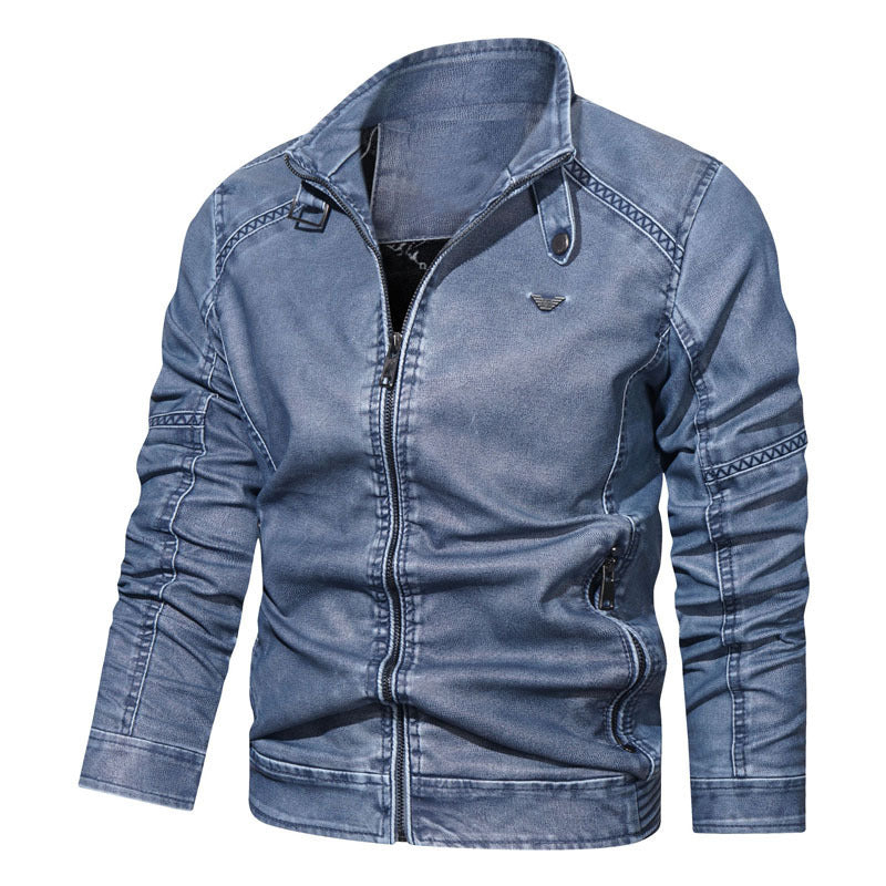 Men's Denim Look Zip Blouson in Bomber Style with Ergonomic Seams and Stand-up Collar Chichicherry
