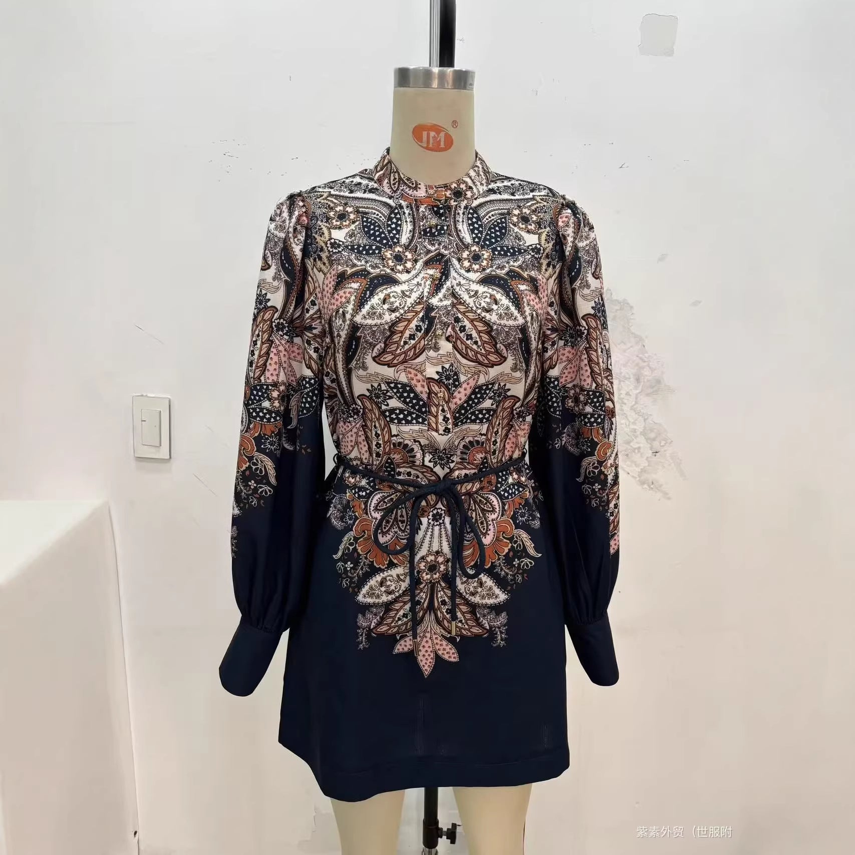 Women's Patterned Tunic Dress with Ties, Stand Collar and Balloon Sleeves Chichicherry