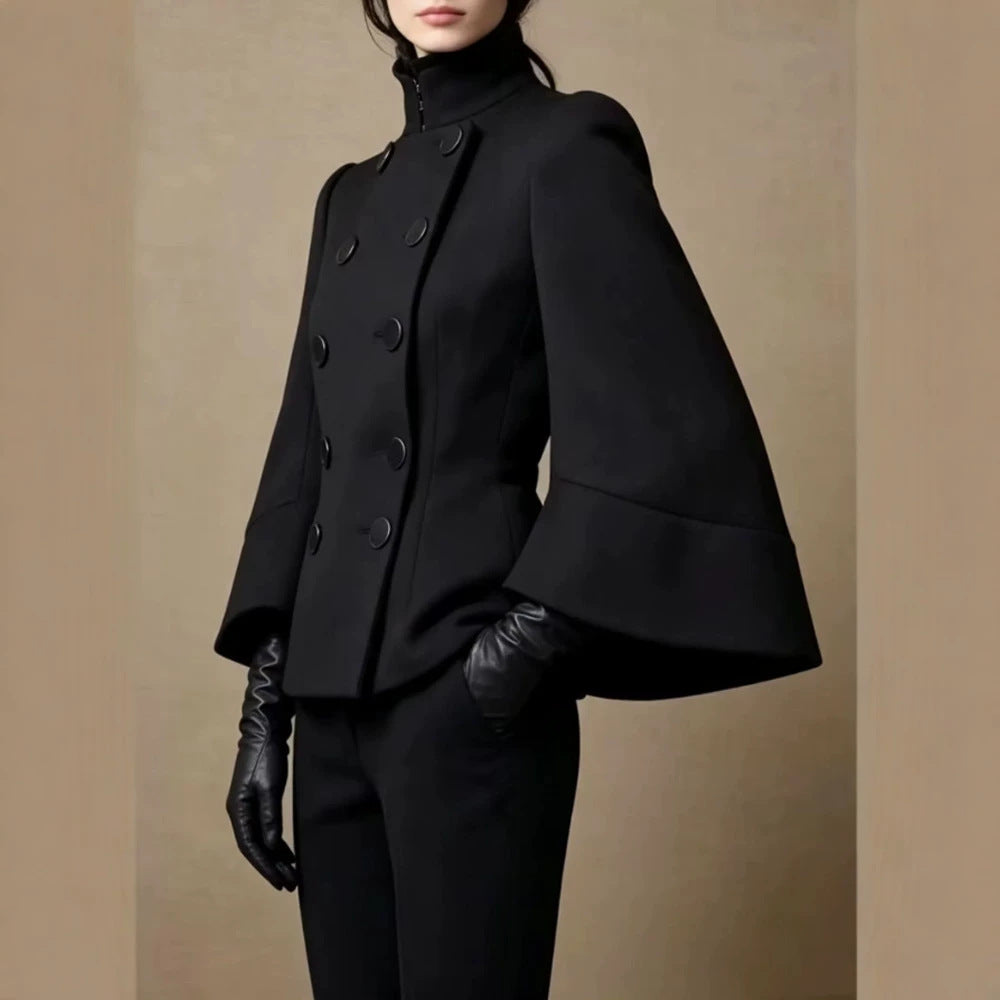 Women Short Cut Double Breasted Jacket with Stand-Up Collar, Eyelet Detail and Wide Cuffs Chichicherry