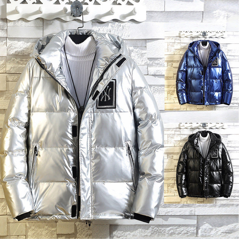 Men's shiny metallic padded jacket with hood, windproof surface and sporty utility design Chichicherry