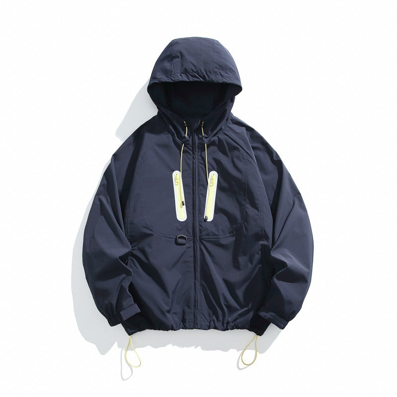Unisex Technical Hooded Windbreaker in Boxy Cut with Vertical Chest Zippers and Drawstring Hem Chichicherry