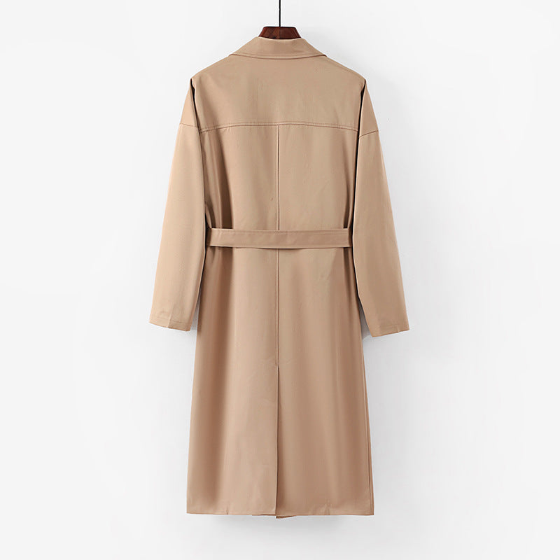 Women's Longline Trench Coat with Waist Belt and Dropped Lapel Chichicherry