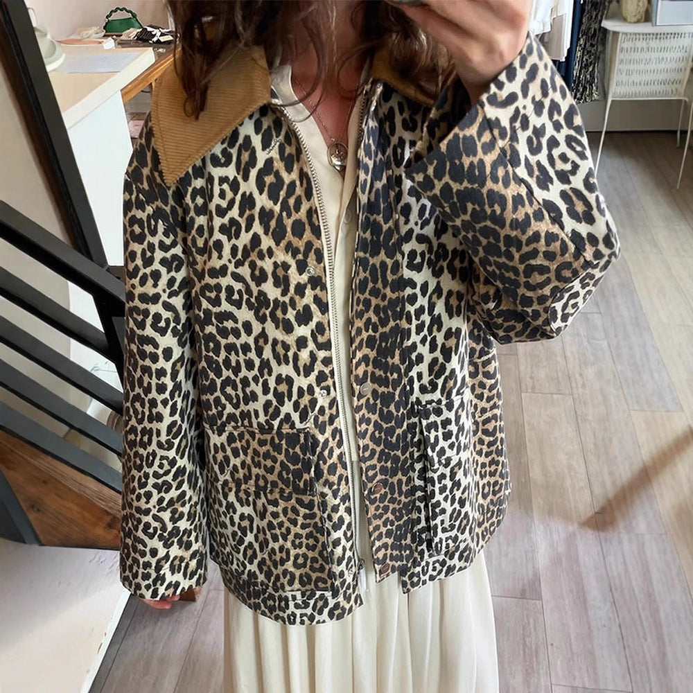 Women's Oversize Field Jacket with Leopard Print and Contrasting Cord Collar Chichicherry