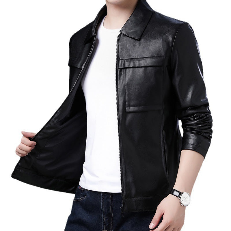 Men's Slim-Fit Leather Look Trucker Jacket with Shirt Collar, Concealed Zipper and Flap Pockets Chichicherry