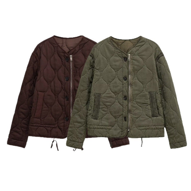 Women quilted transition jacket with zipper and button placket, round neck and drawstring Chichicherry
