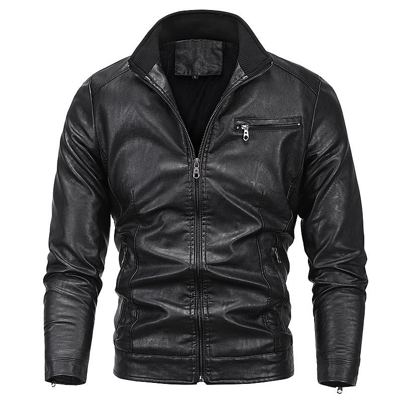 Men's Slim Faux Leather Moto Jacket with Stand Collar and Zip Chichicherry