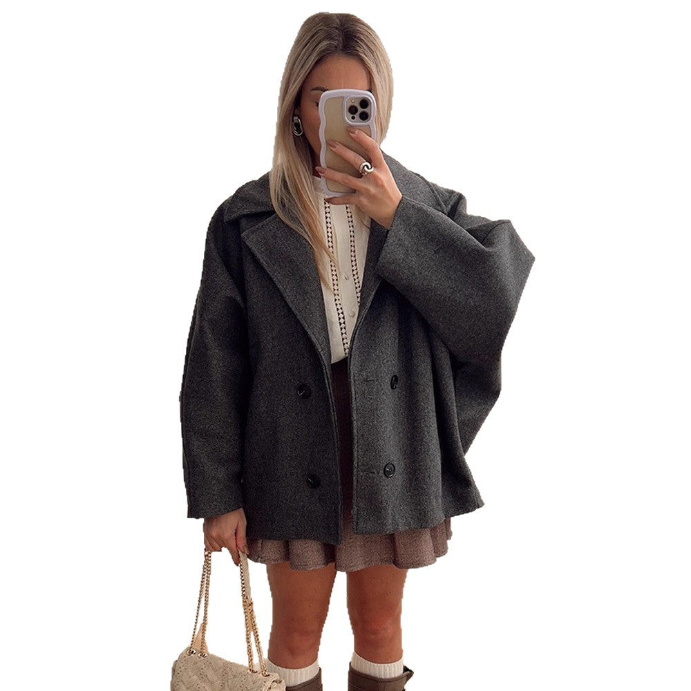 Women's Boxy Wool Blend Cocoon Jacket with Double-Breasted Button Placket and Wide Lapels Chichicherry