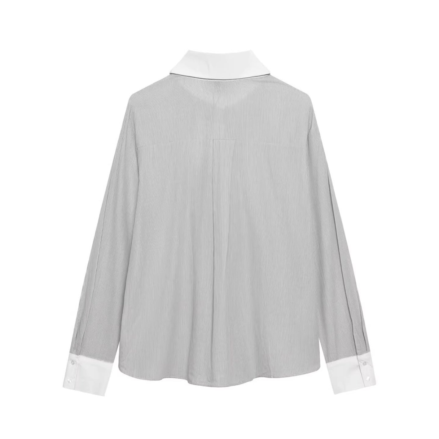 Ladies Striped Blouse with Bow Collar, Ruffle Front and Contrast Cuffs Chichicherry
