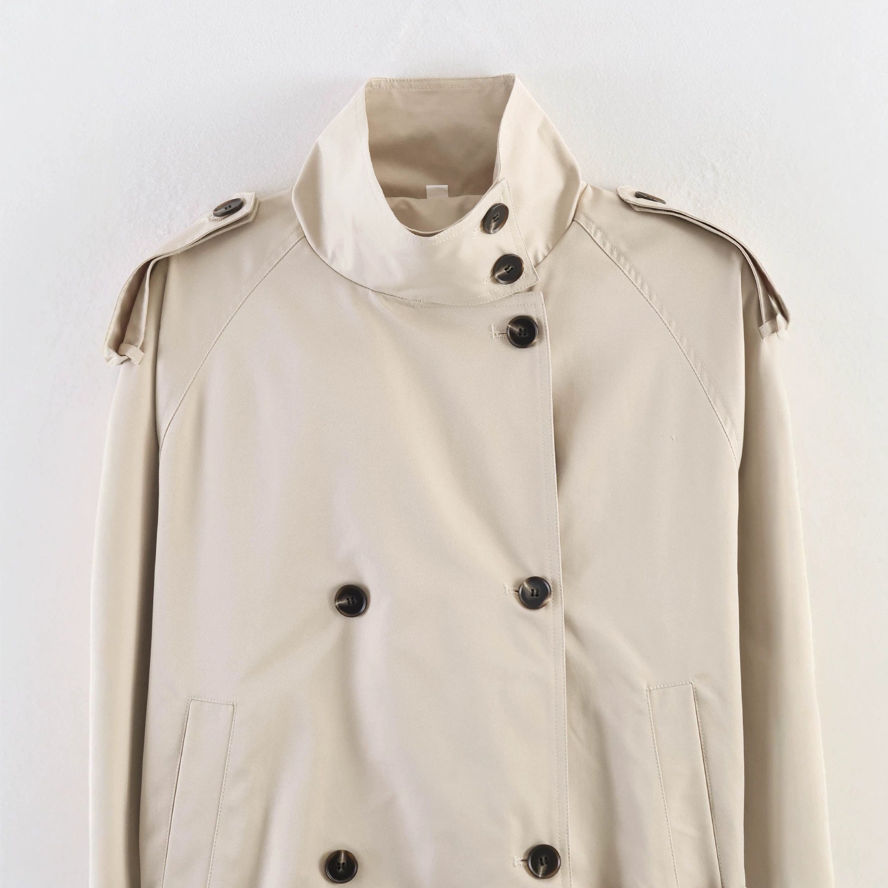 Women's Short Double-Breasted Waist Belt Trench Coat with High Funnel Collar and Shoulder Straps Chichicherry