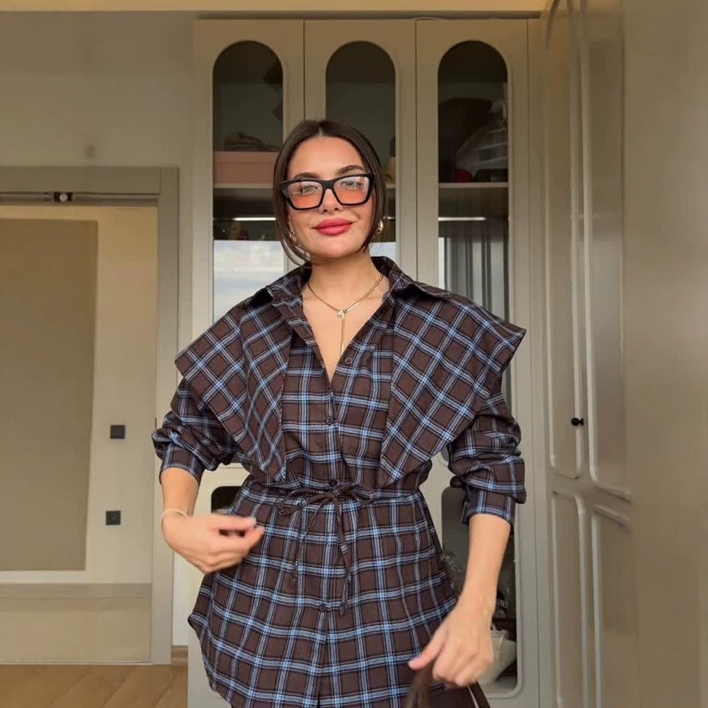 Women's Oversized Checked Shirt with Waist Belt and Extended Back Hem Chichicherry