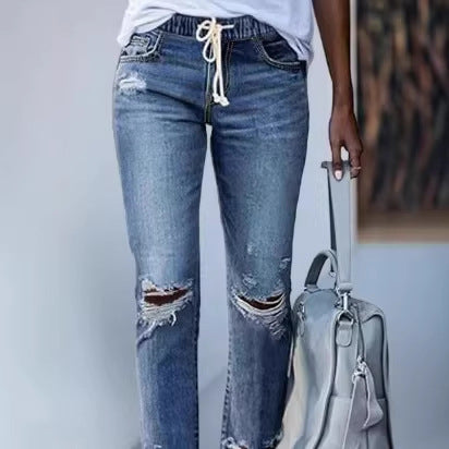 Women Cropped Denim Jeans with Drawstring Waistband, Destroyed Knee Areas and Raw Hem Chichicherry
