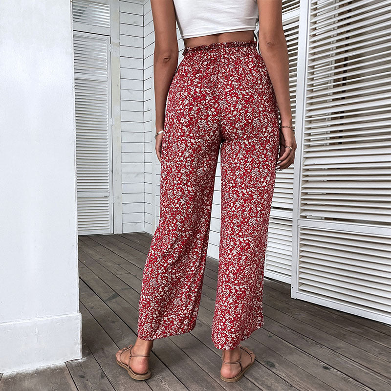 Women's wide high-cut palazzo pants with floral pattern and side leg slit Chichicherry