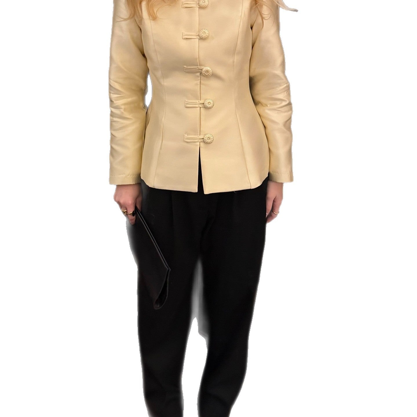Women's Tailored Satin Blazer with Stand Collar, Decorative Cord Buttons and Peplum Chichicherry