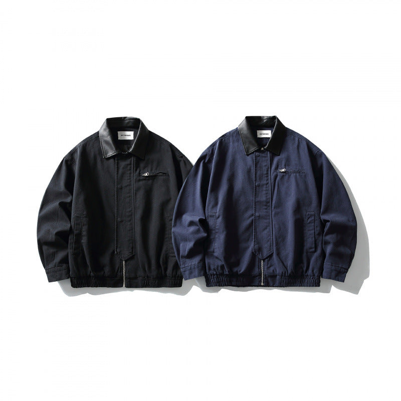 Men's Boxy Worker Jacket with Faux Leather Collar, Full-Length Zipper and Elastic Hem Chichicherry