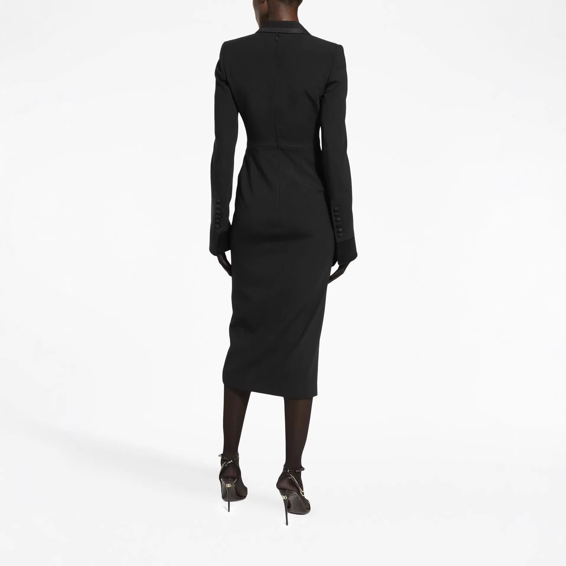 Women's Tailored Blazer Dress in Long Cut with Satin Lapels and Front Slit Chichicherry
