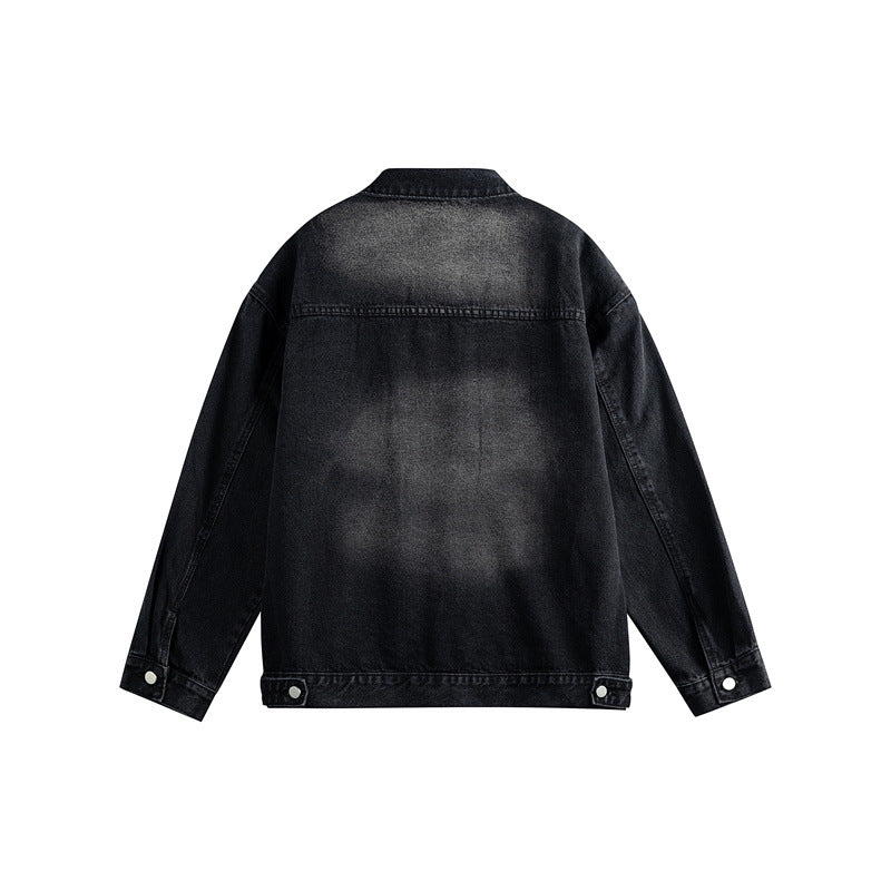 Men's Oversized Denim Jacket with Distressed Wash, Flap Chest Pockets and Button Closure Chichicherry