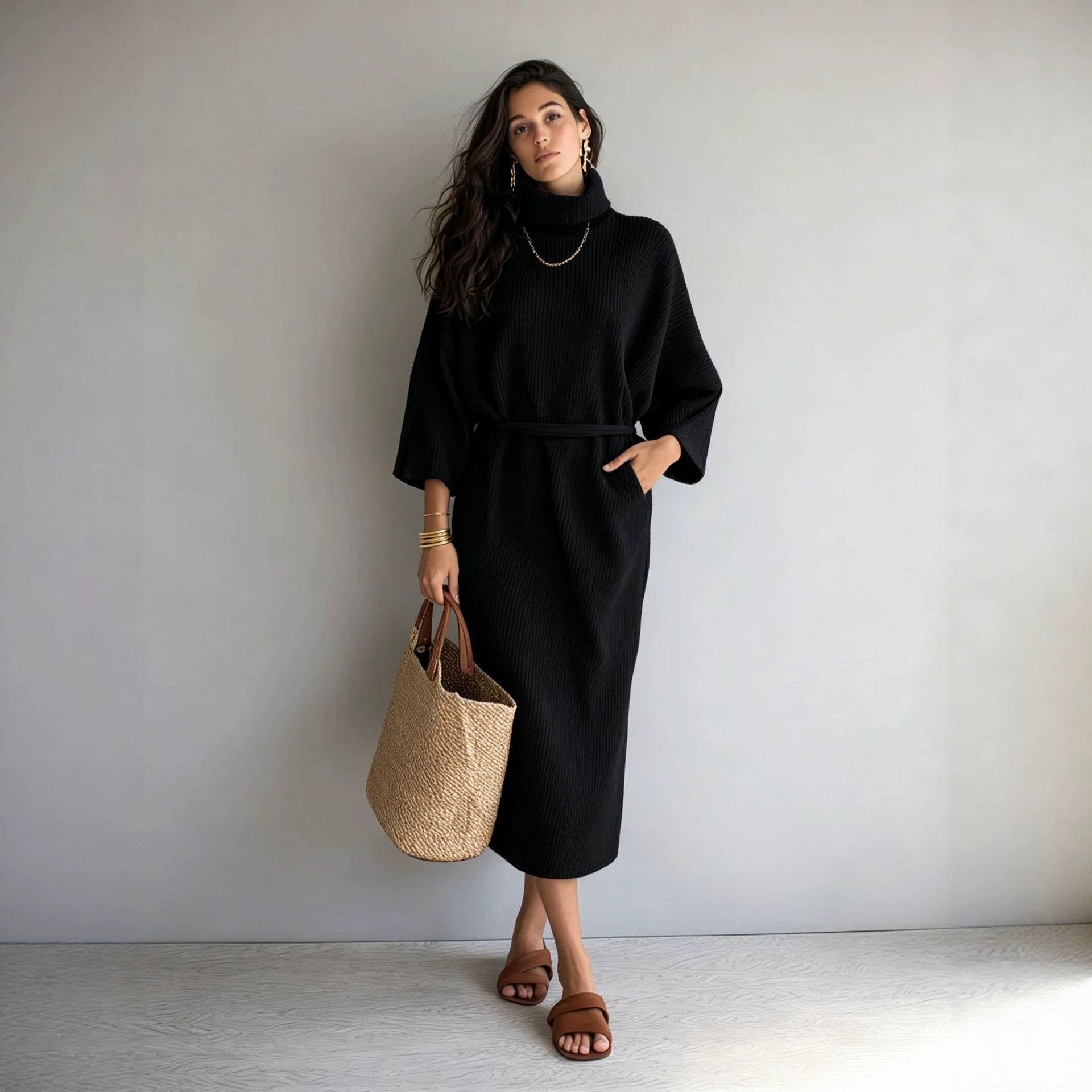 Women's mid-length ribbed knitted dress with turtleneck, three-quarter sleeves, and tie belt