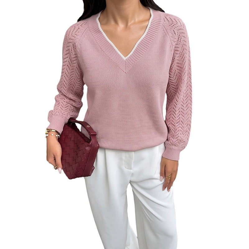 Women's fine knit sweater with deep V-neck, openwork sleeves, and ribbed hem Chichicherry