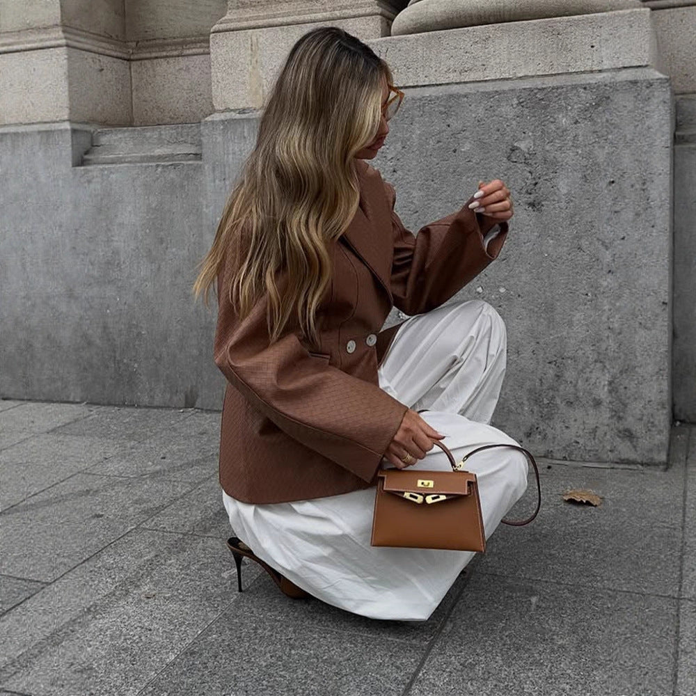 Women's Boxy Blazer with tailored draping and structured faux leather look Chichicherry