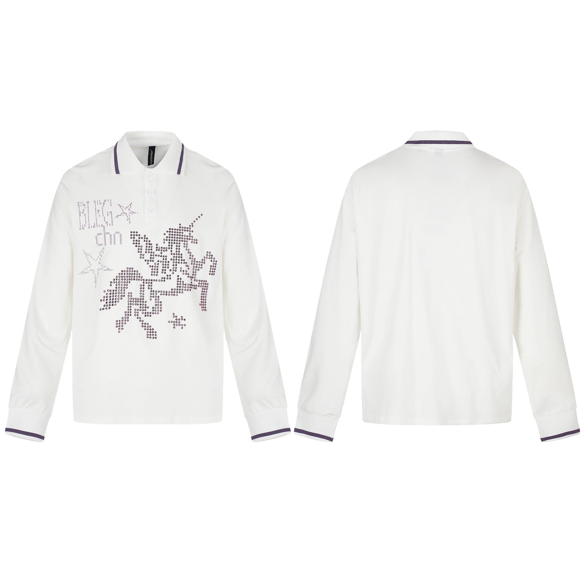 Women's Long Sleeve Polo Shirt with Rhinestone Appliqué and Contrasting Cuffs Chichicherry