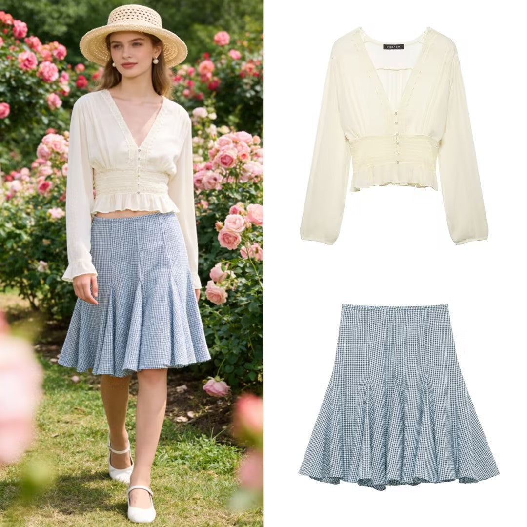 Women's Delicate Long Sleeve Blouse made of Crinkle Chiffon with Deep V Neckline, Smocked Waist and Ruffled Hem Chichicherry