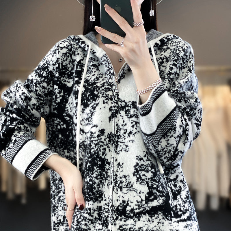 Women Oversize Jacquard Knit Jacket with Hood and Zipper Chichicherry