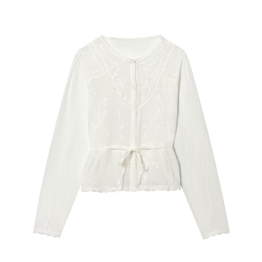Women’s Light Embroidery Blouse with Lace Collar, Tie Waist and Button Placket Chichicherry