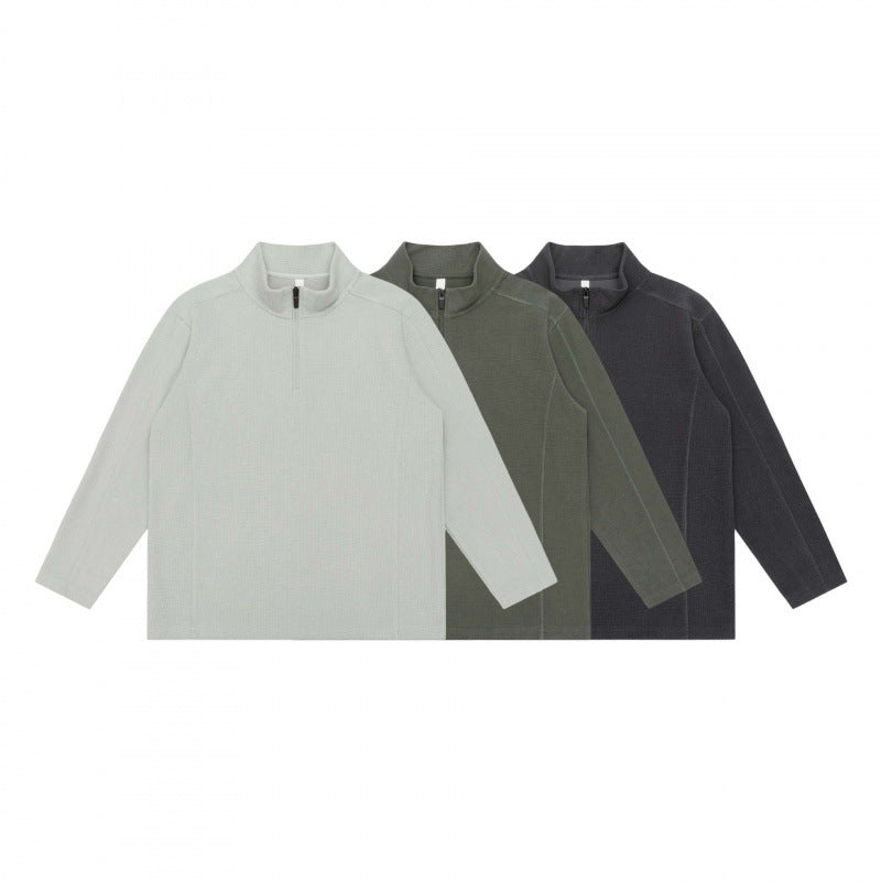 Unisex Textured Half-Zip Knit Sweater in Boxy Cut with Stand-up Collar Chichicherry