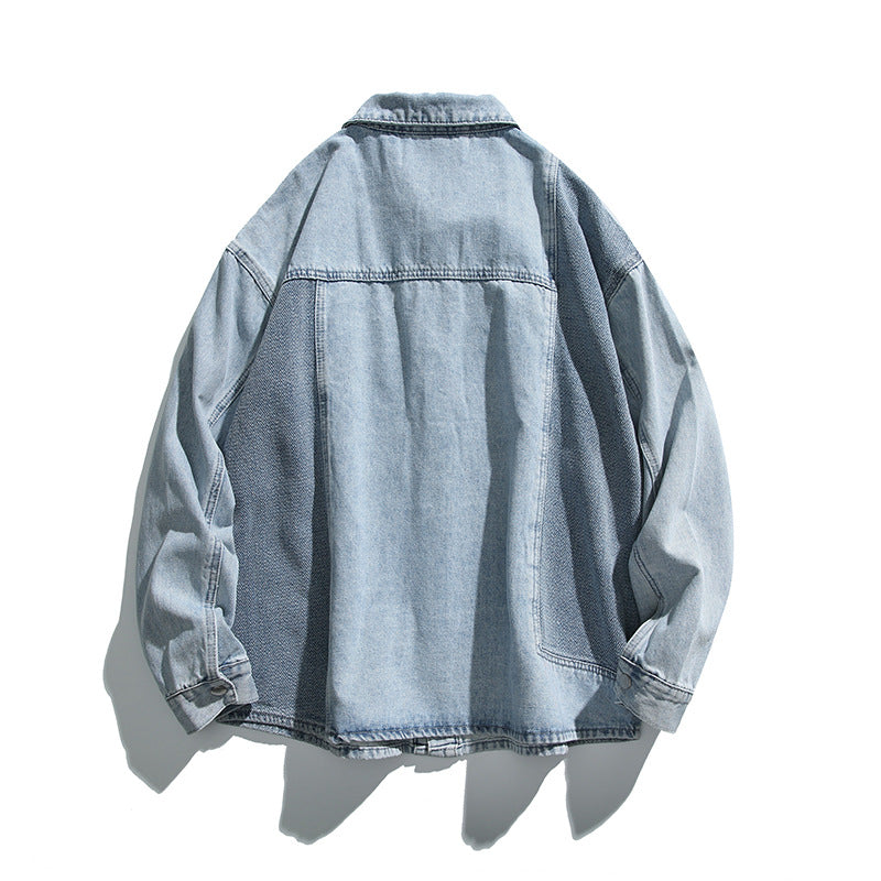 Unisex Oversized Jeans Jacket with Contrasting Woven Panels and Snap Button Closure Chichicherry