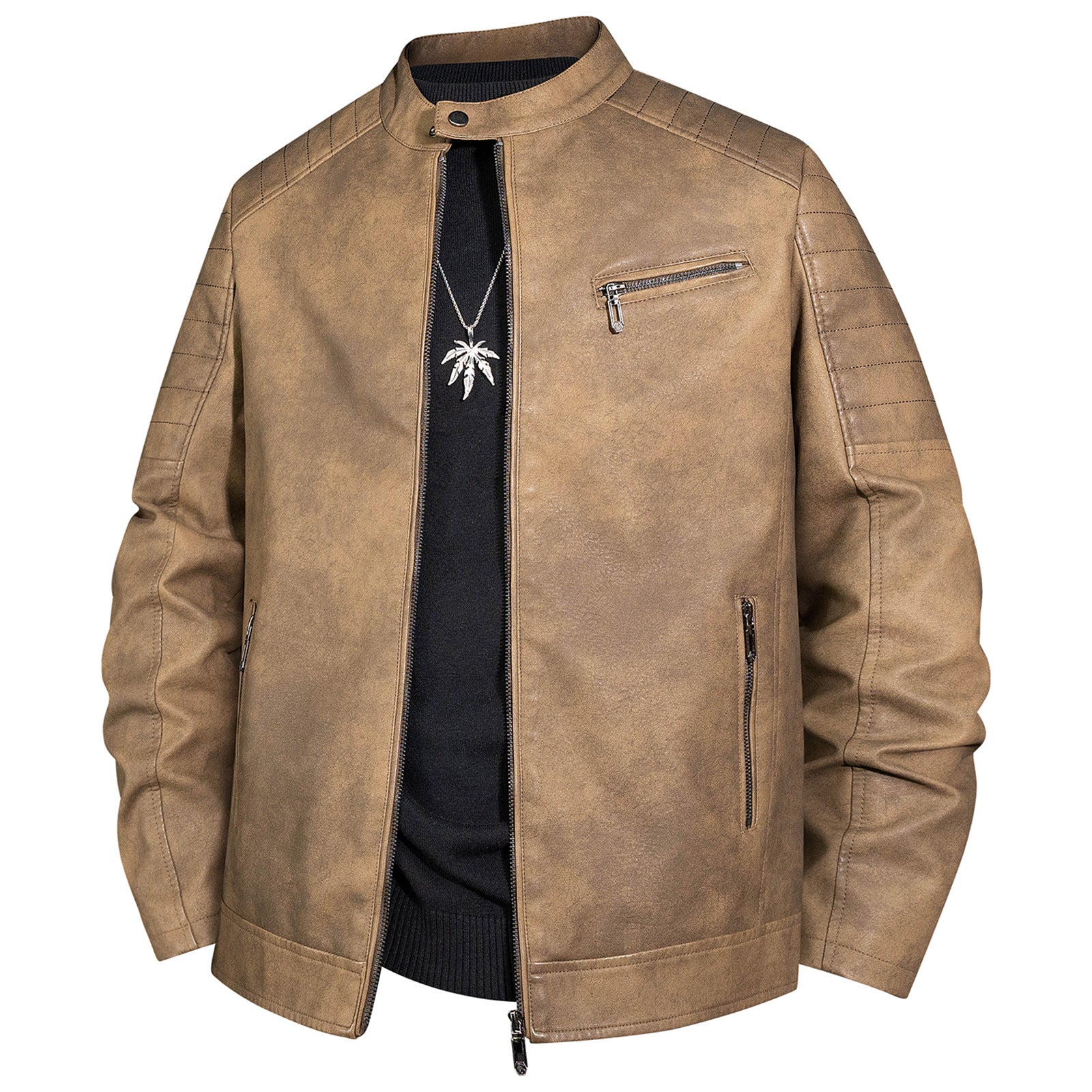 Men's biker jacket made of faux leather with stand-up collar and quilted shoulder Chichicherry