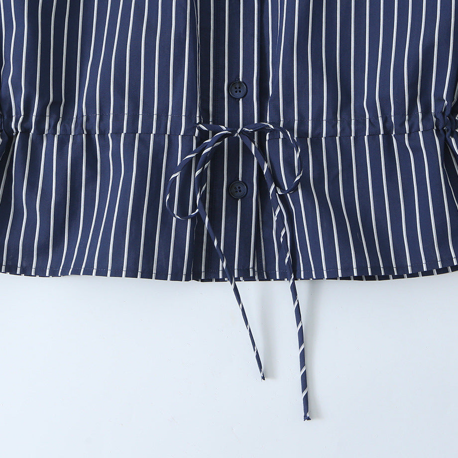 Women Striped Blouse with Stand Collar, Full Button Placket and Drawstring Waistband Chichicherry
