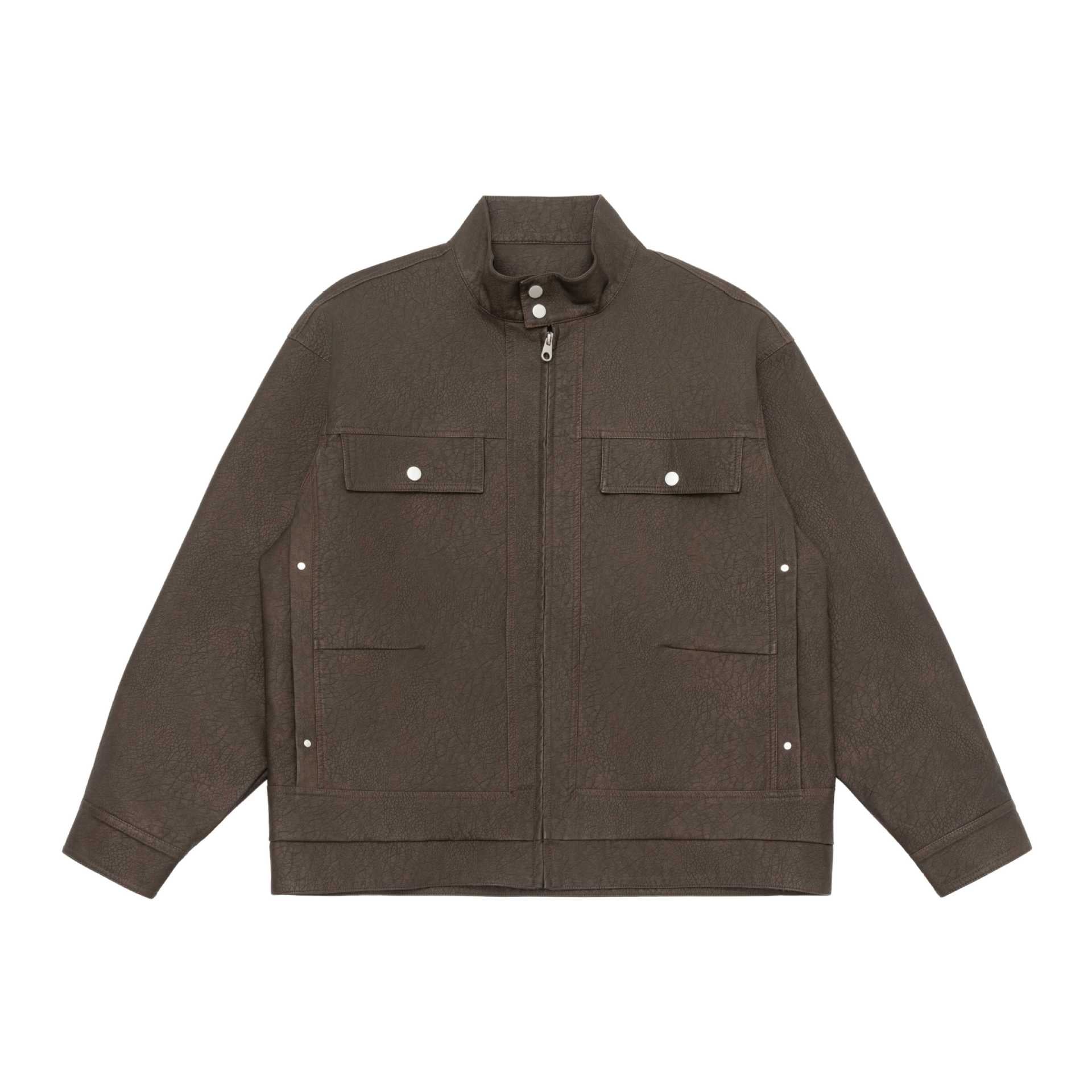 Unisex Boxy-Faux Leather Blouson Jacket with Stand Collar and Flap Pockets Chichicherry