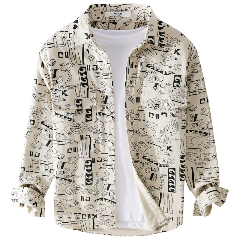 Men's Lightweight Cotton Overshirt with Artistic Line Print and Double Chest Pocket Chichicherry