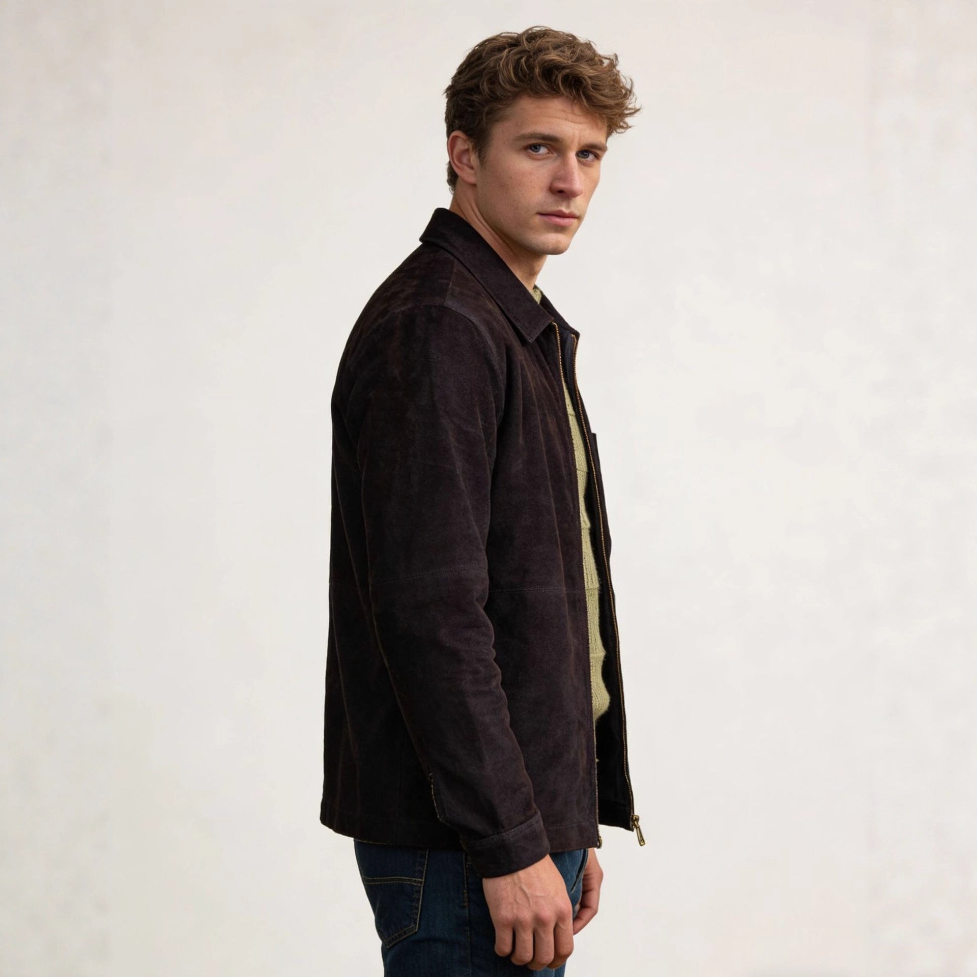 Herren Velourslederjacke mit Reißverschluss und Hemdkragen Chichicherry