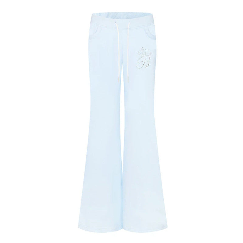 Women Flared Lounge Pants with High Comfort Waistband, Drawstring and Rhinestone Logo Chichicherry