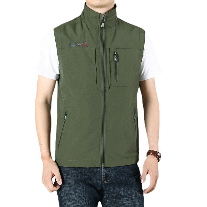 Men's Lightweight Utility Vest with Zipper Pockets and Stand Collar Chichicherry