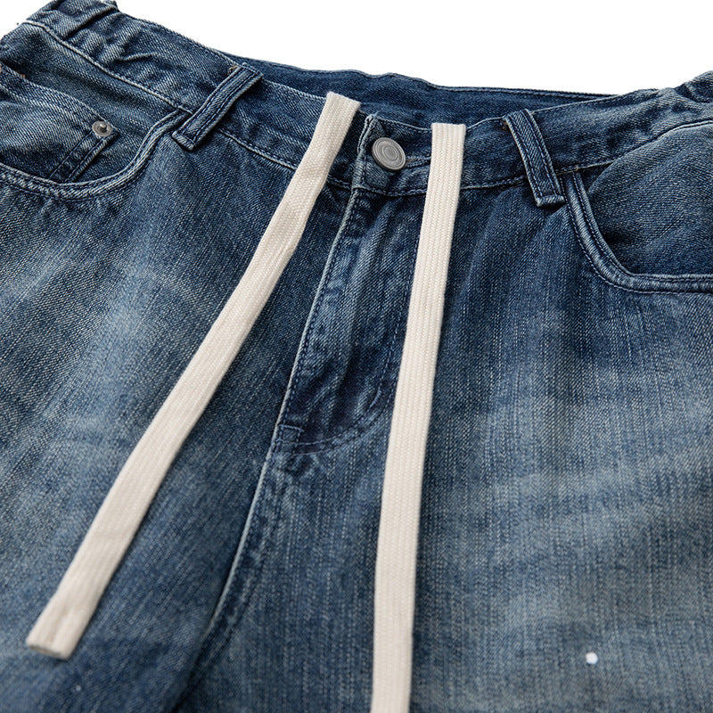 Women's Loose-Fit High-Waist Jeans with Drawstring, Color-Splatter and Vintage Wash Chichicherry