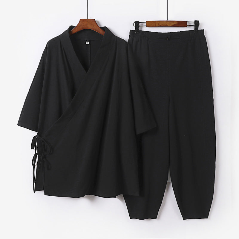 Unisex Lightweight Wrap Lounge Set in Kimono Style with Side Ties and Elastic Tapered Pants Chichicherry