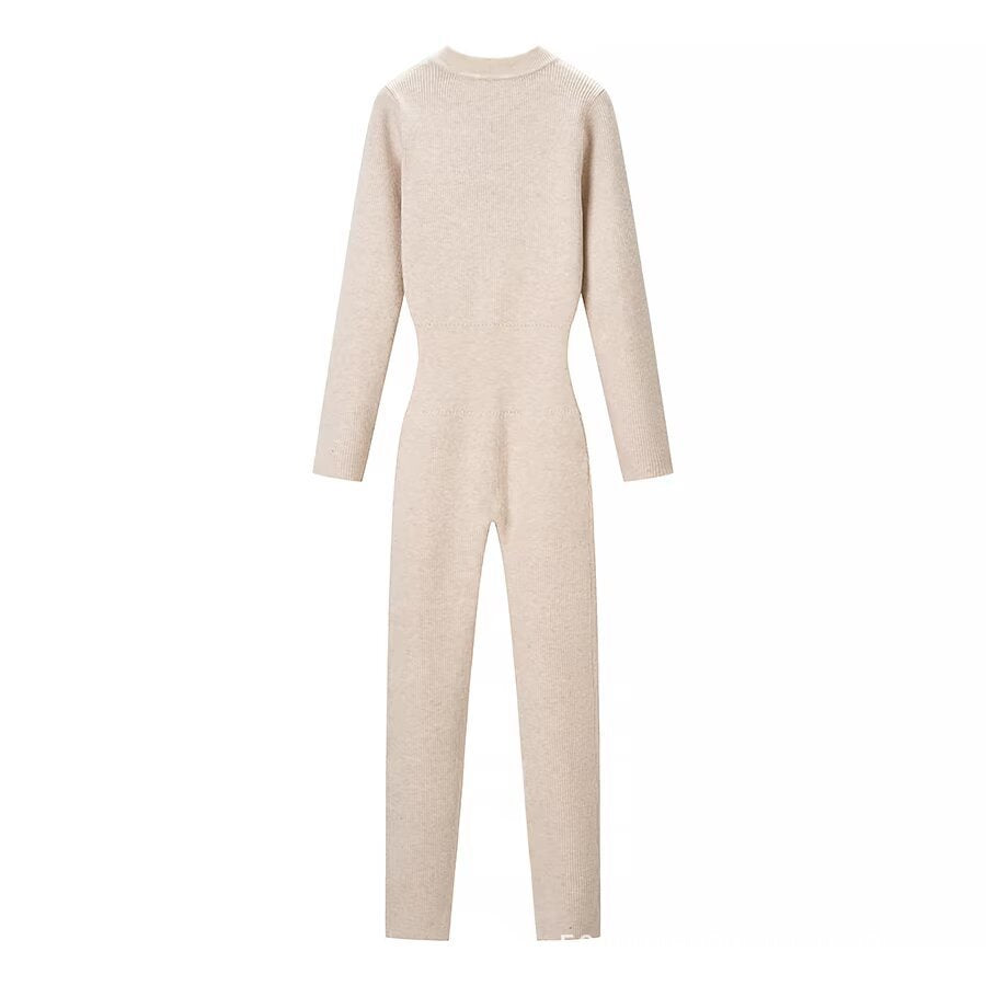 Women's figure-hugging knitted overall with stand-up collar and front zipper Chichicherry
