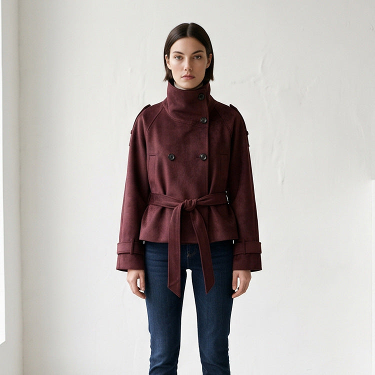 Women's Tailored Short Jacket in Suede Look with Double Breasted and Stand-Up Collar Chichicherry