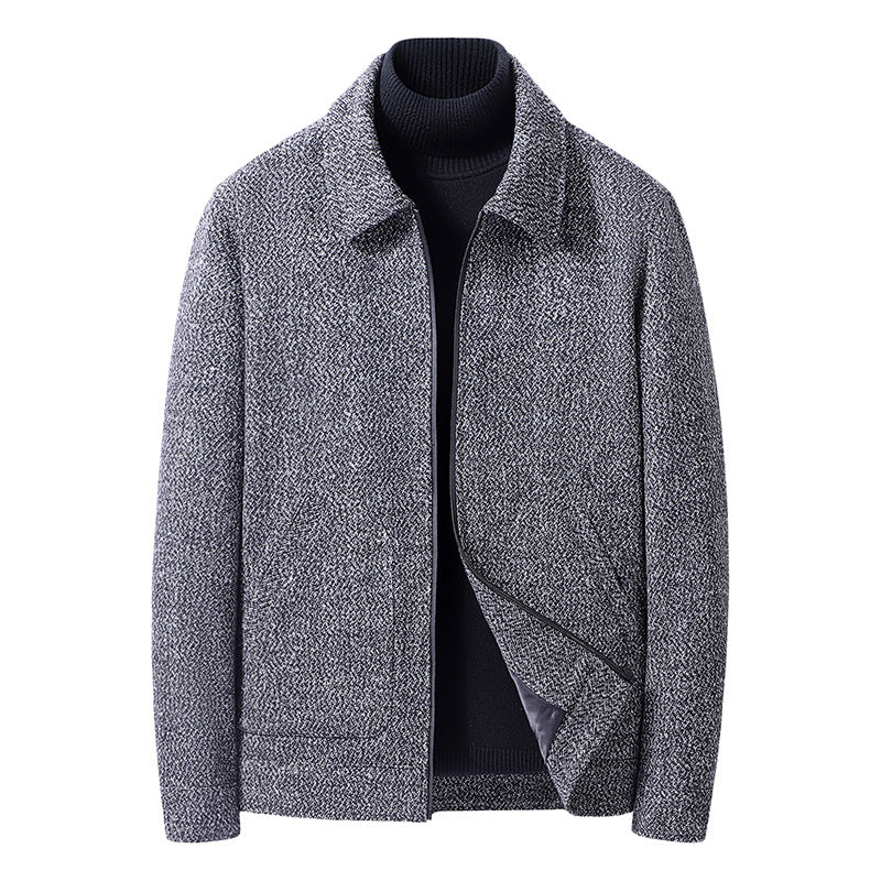 Men's Wool Blend Short Jacket with Shirt Collar and Finely Textured Tweed Look Chichicherry