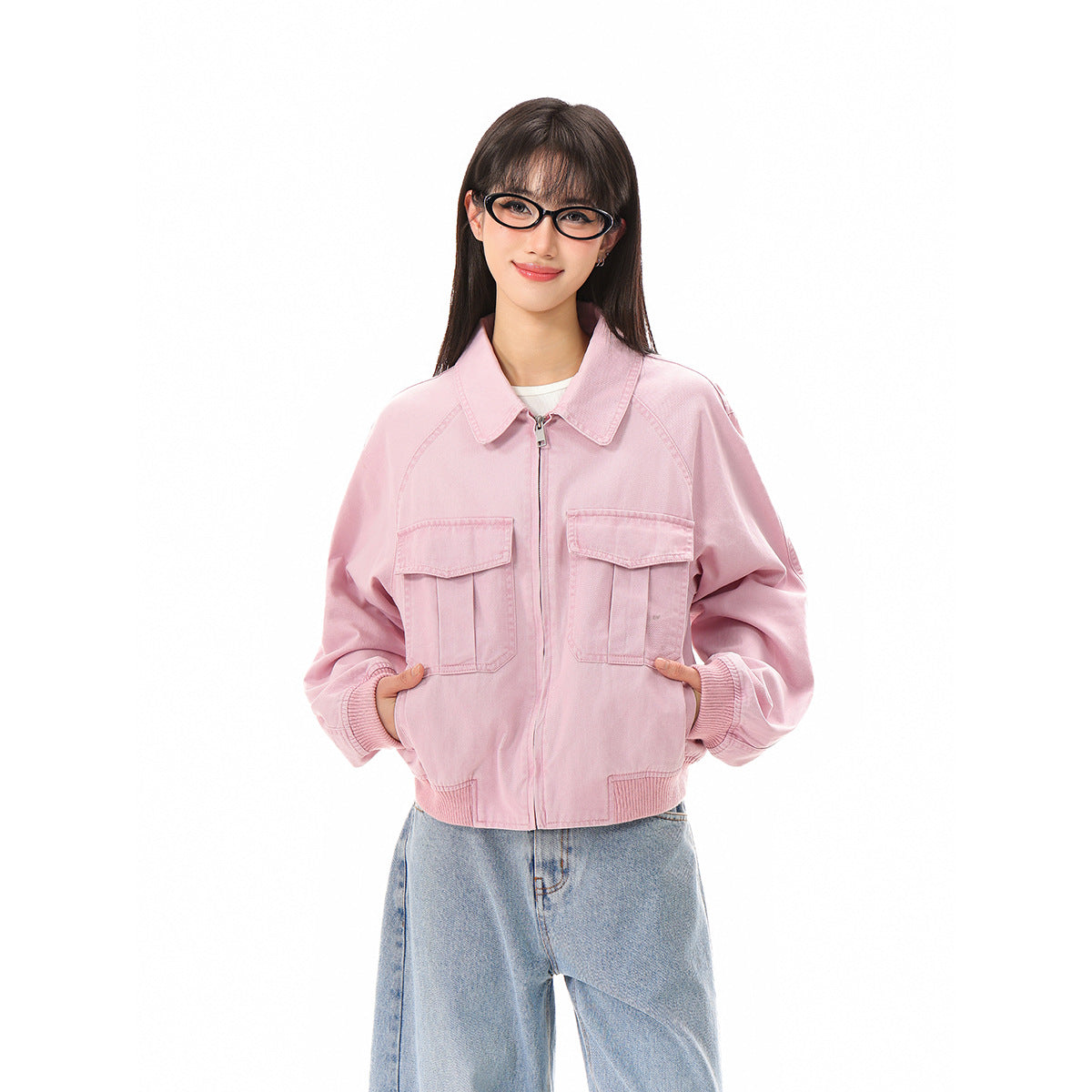 Women's cropped boxy bomber jacket made of cotton blend with flap pockets and full-length zipper Chichicherry