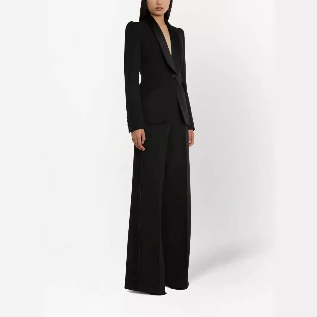Women Elegant Tuxedo Set in Tailoring with Tailored Single-Breasted Blazer and Wide Palazzo Pants Chichicherry