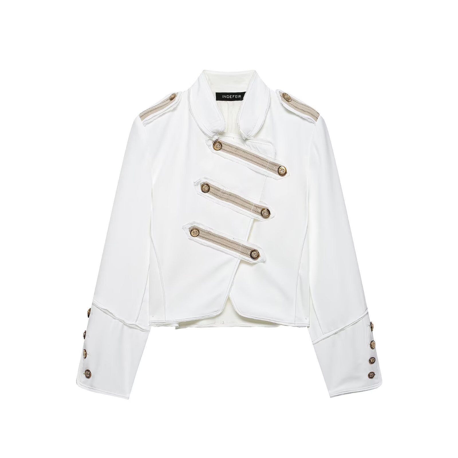 Ladies short jacket in military style with asymmetrical decorative strip, shoulder epaulettes and gold buttons Chichicherry