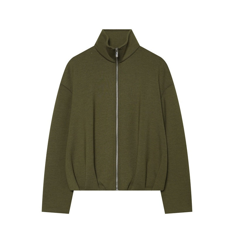 Women Boxy Cropped Stand Collar Cardigan with Full Zip and Dropped Shoulder Chichicherry