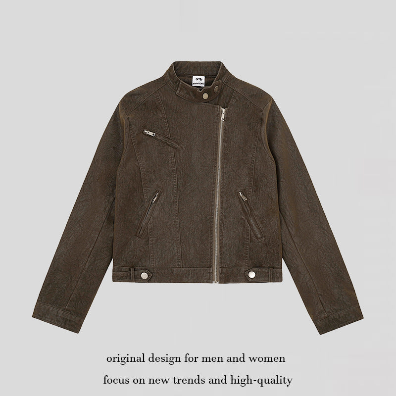 Women's biker jacket made of synthetic leather with asymmetrical zipper and stand-up collar Chichicherry