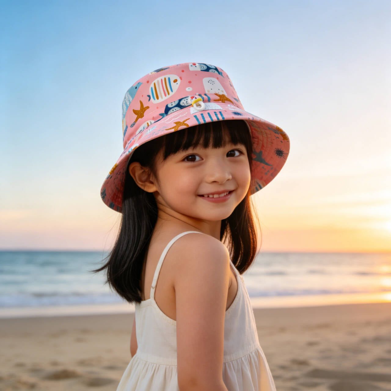 Unisex children's sun hat with reversible design, chin strap, and high UV protection Chichicherry