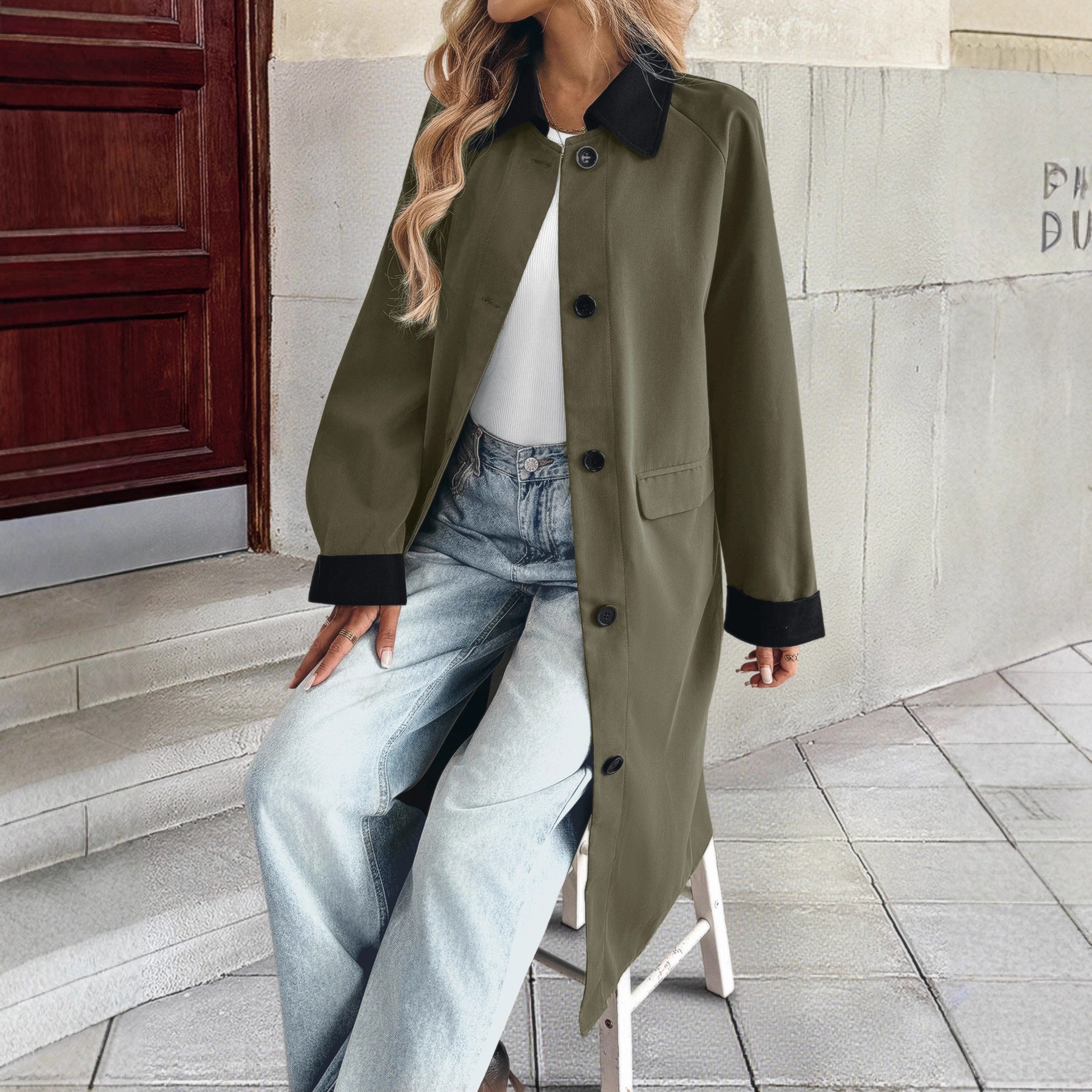 Women's long trench coat with contrast collar and cuffed sleeves Chichicherry